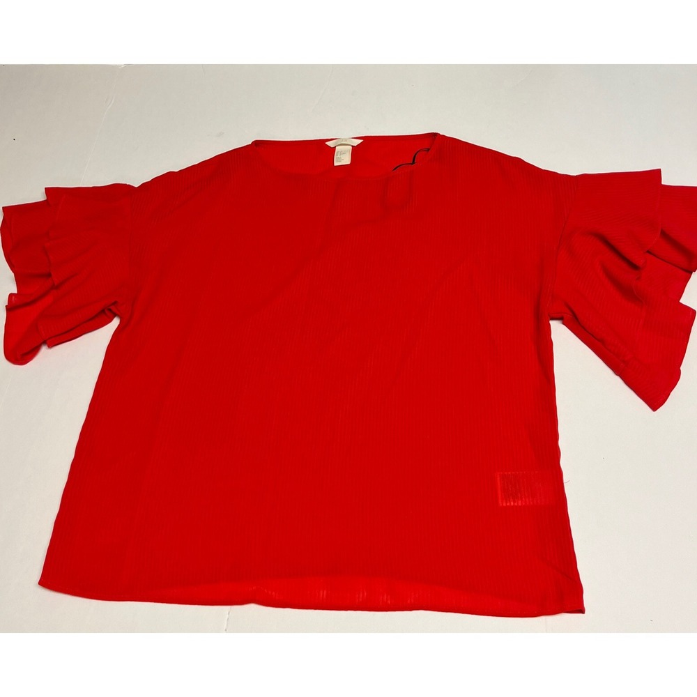 H&M Blouse Women Size M Short Flutter Sleeve Paprika Orange No Iron Crepe